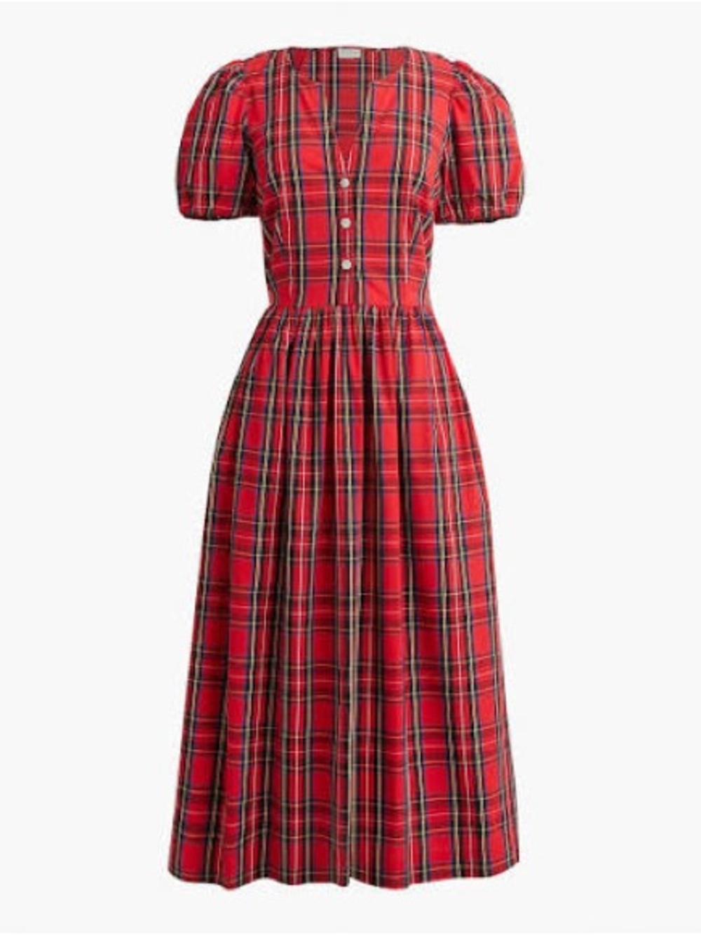J.Crew Factory Red Stewart Tartan Puff-Sleeve Midi Dress with Jeweled Buttons